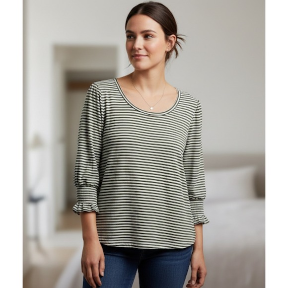 Cato Tops - Cato Womens XL Sage Green White Striped Smocked Cuff 3/4‎ Sleeve Blouse Top